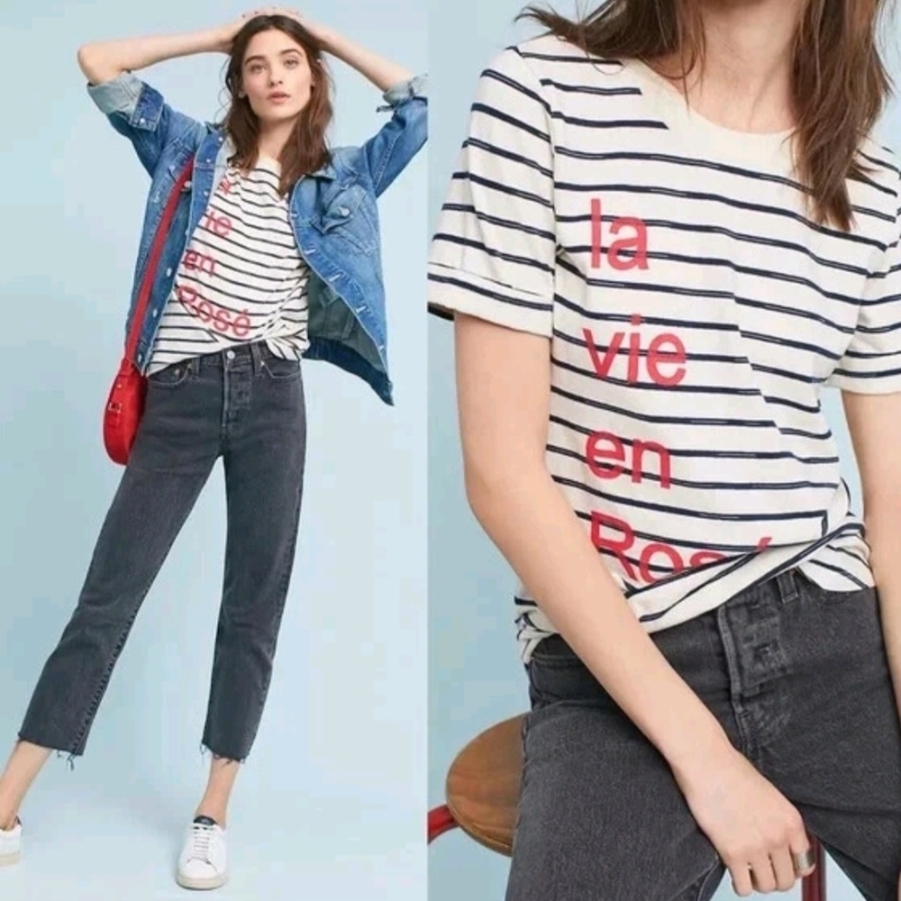 ⭐ 2 FOR $20 Sol Angeles Anthropologie XS Women Striped Graphic T-Shirt